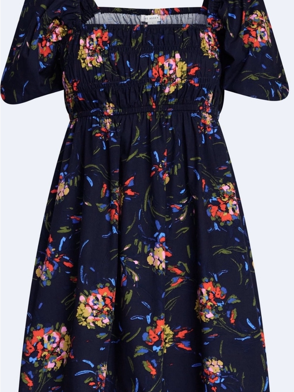 Navy Floral Square-Neck Mini Dress with Smocked Bodice - Picture 3 of 16